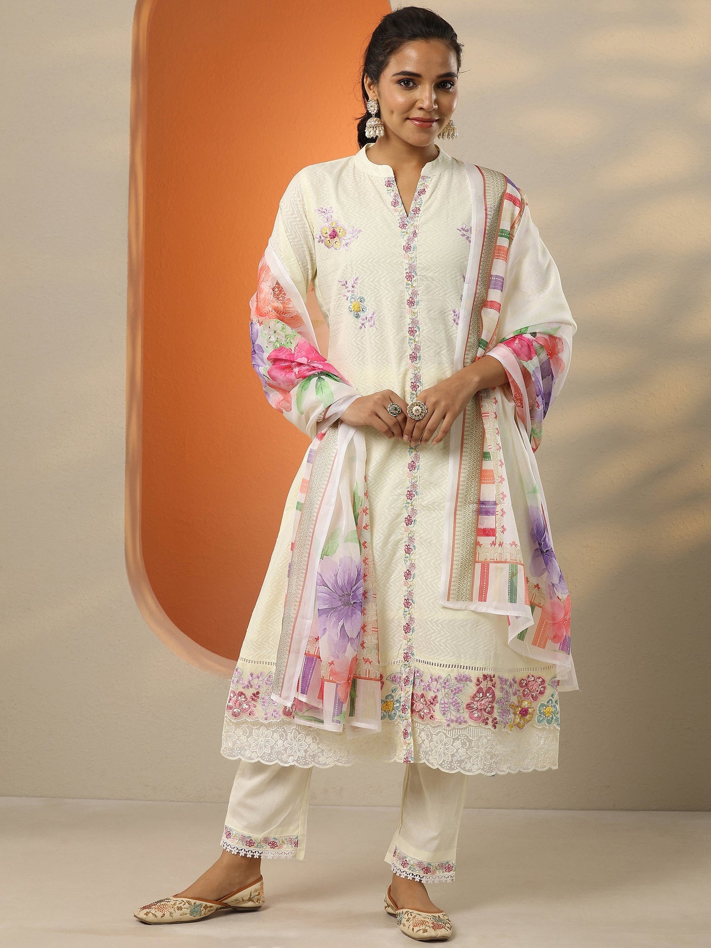 Off White Embroidered Cotton Straight Suit Set With Dupatta