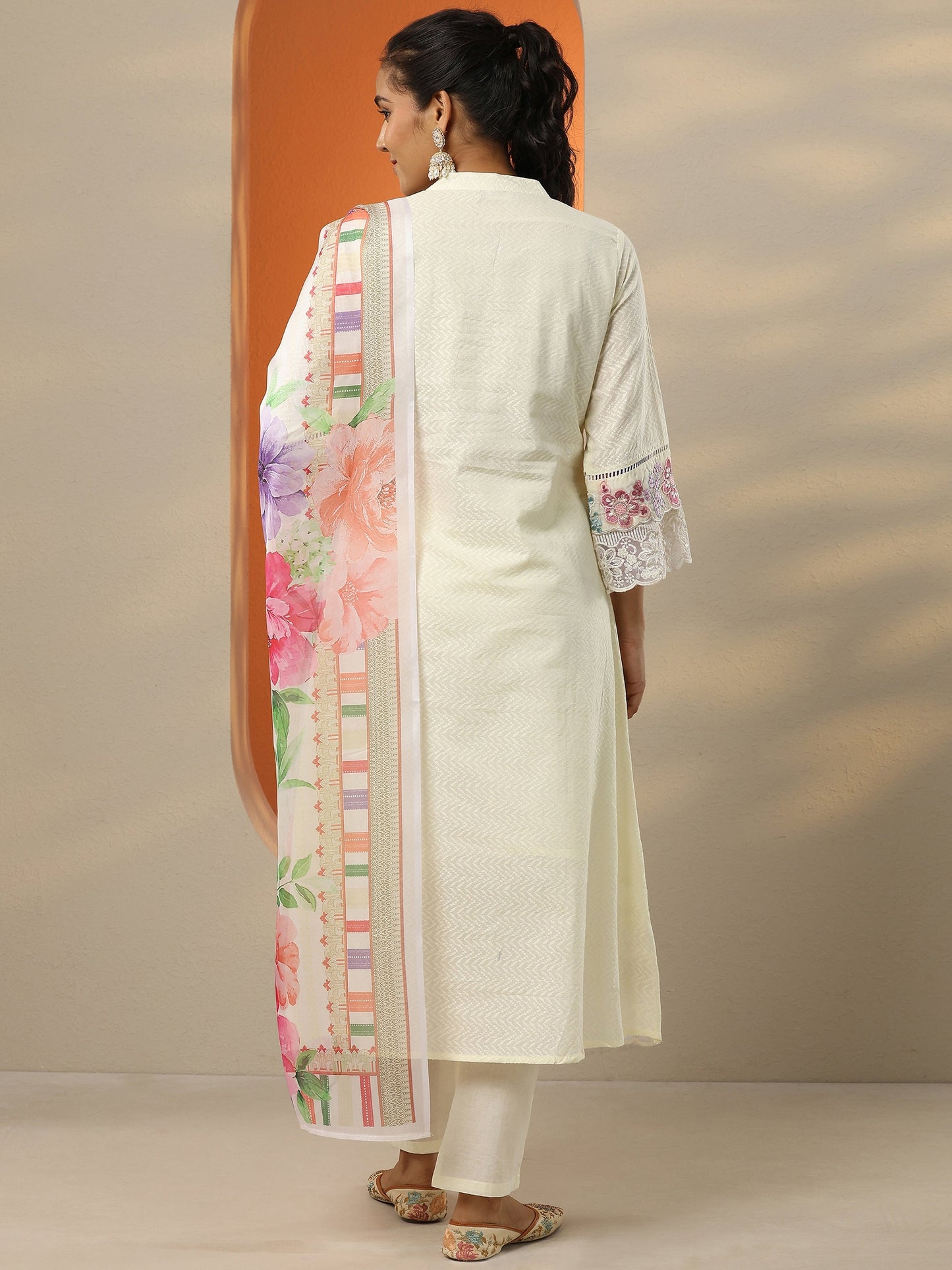 Off White Embroidered Cotton Straight Suit Set With Dupatta