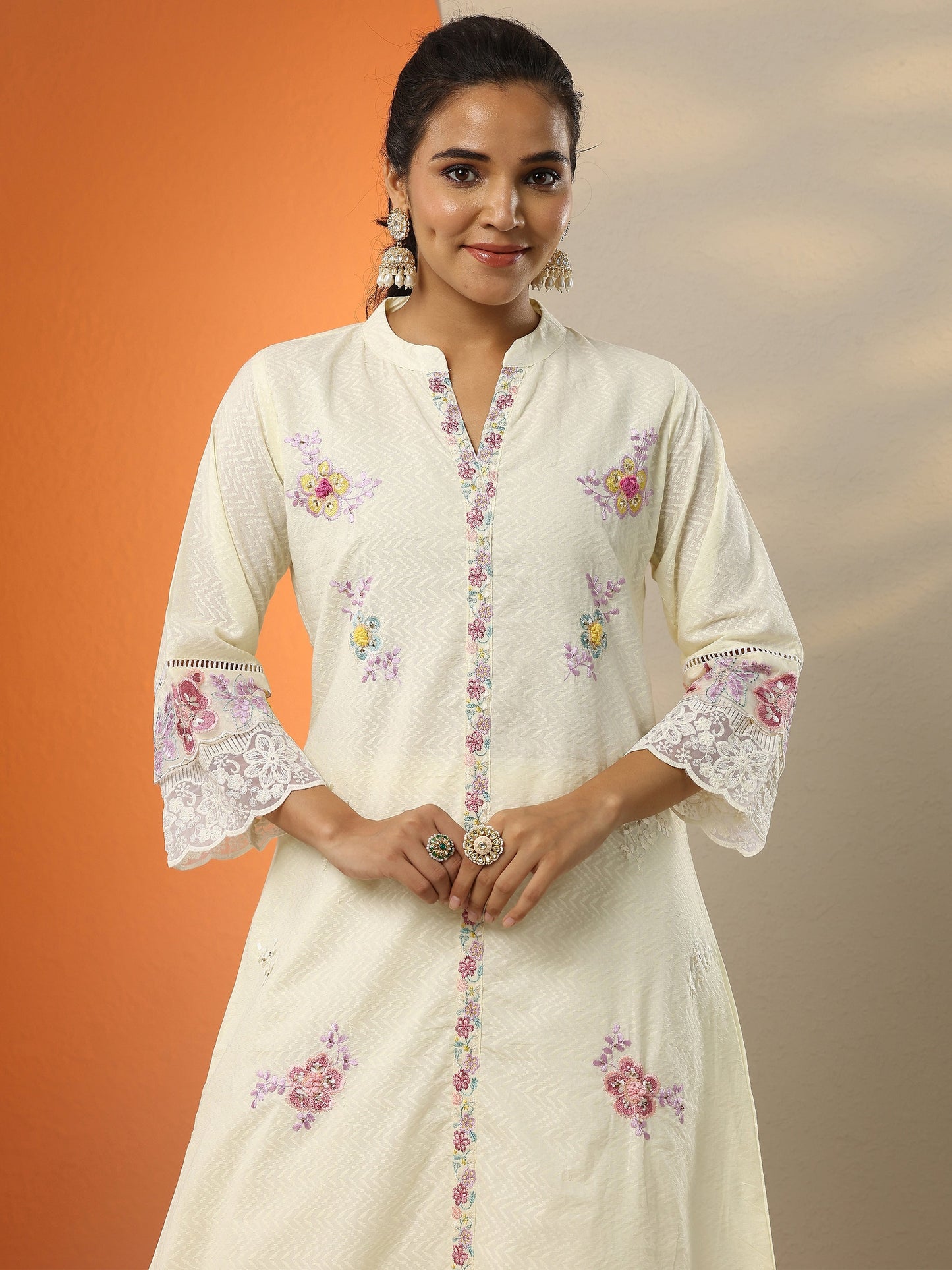 Off White Embroidered Cotton Straight Suit Set With Dupatta