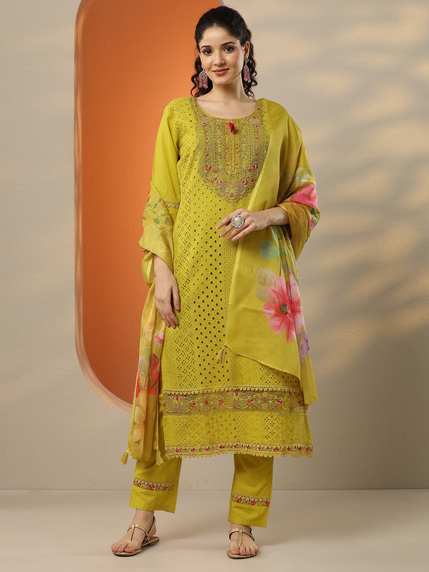 Lime Green Embroidered Cotton Straight Suit Set With Dupatta