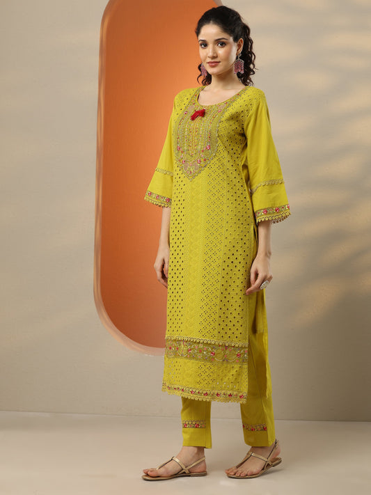 Lime Green Embroidered Cotton Straight Suit Set With Dupatta
