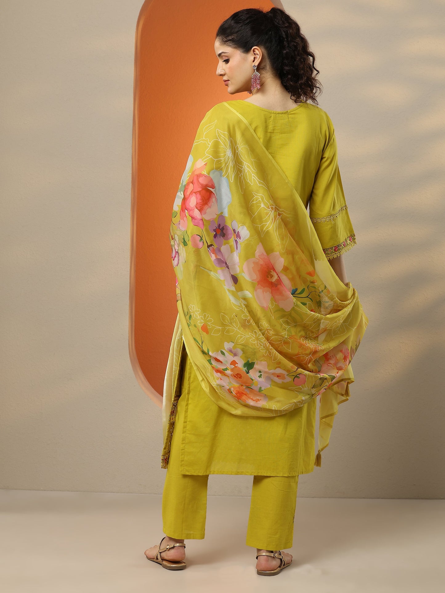 Lime Green Embroidered Cotton Straight Suit Set With Dupatta