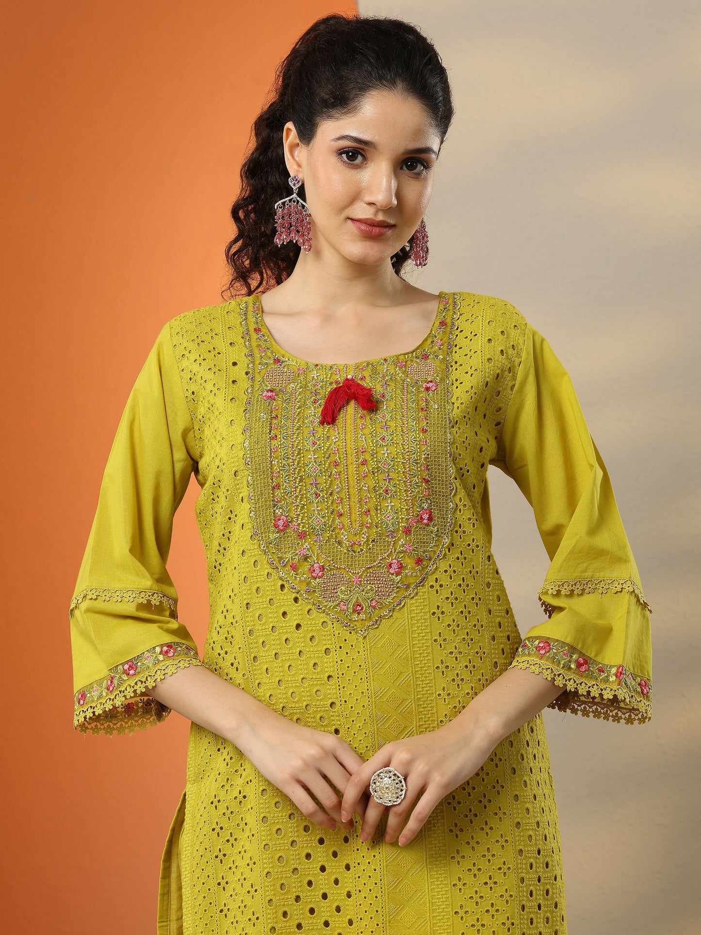 Lime Green Embroidered Cotton Straight Suit Set With Dupatta