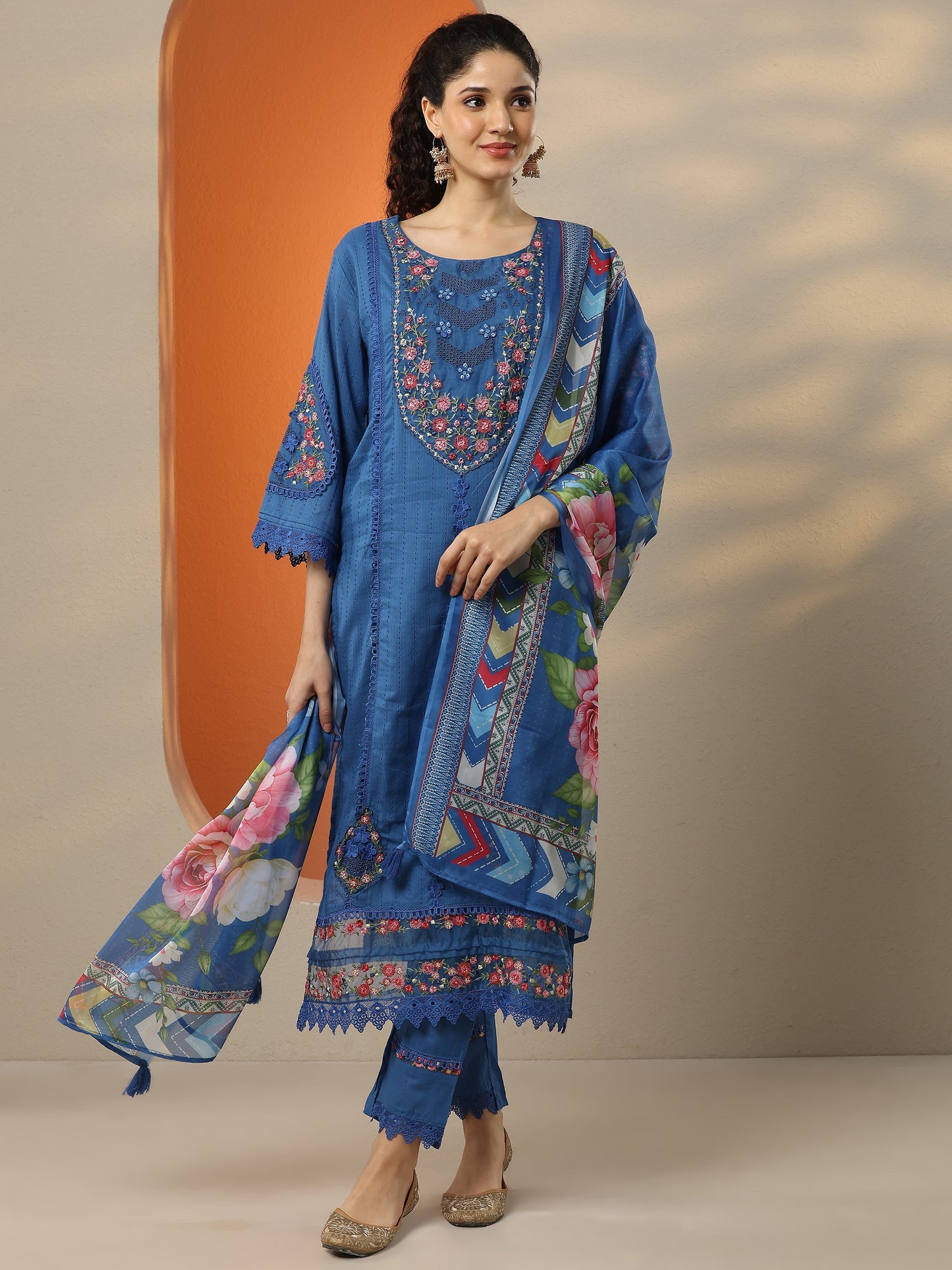 Blue Embroidered Cotton Straight Suit Set With Dupatta
