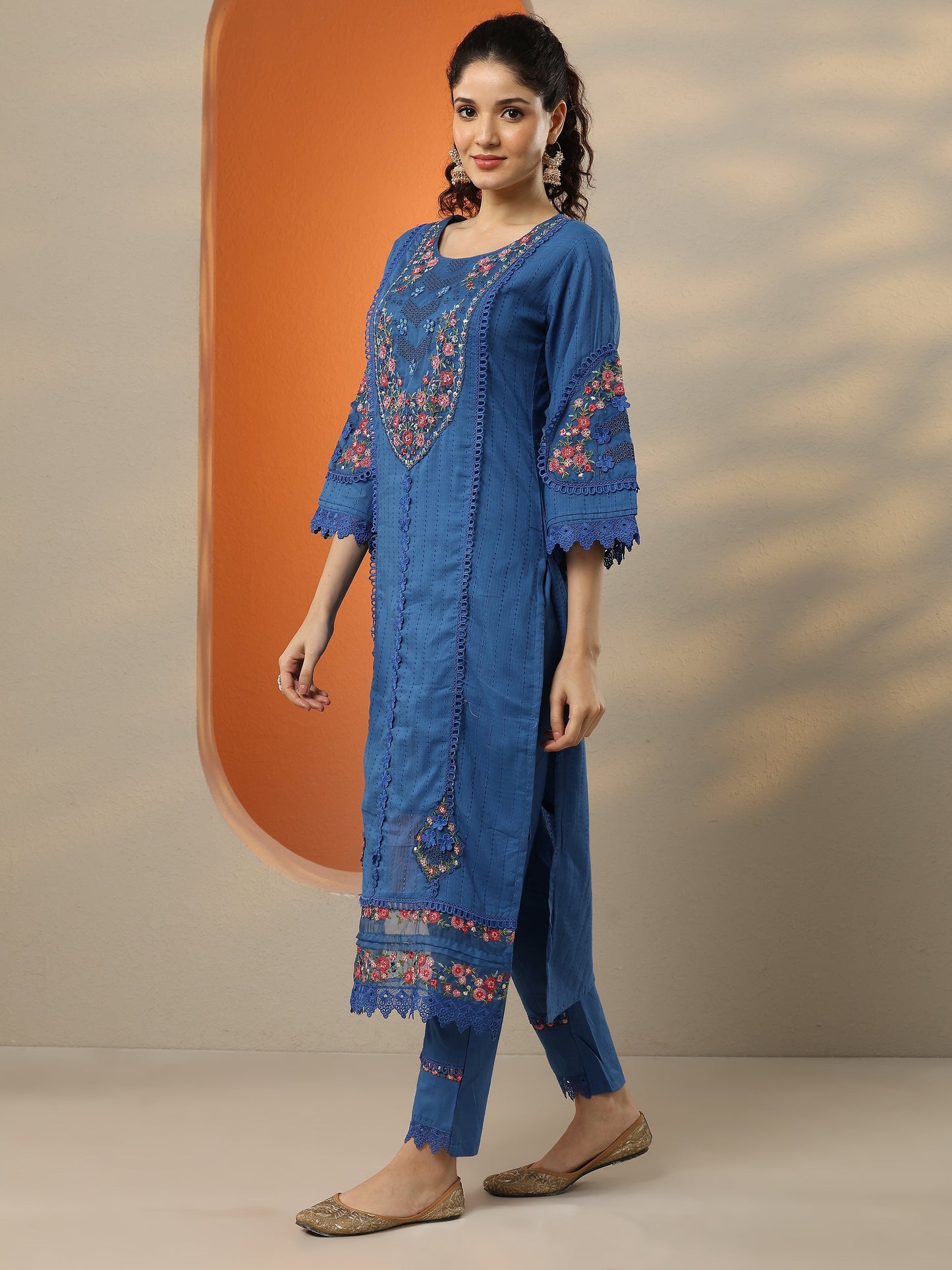 Blue Embroidered Cotton Straight Suit Set With Dupatta
