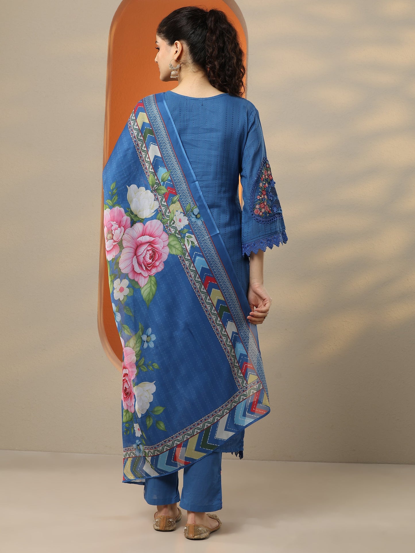 Blue Embroidered Cotton Straight Suit Set With Dupatta