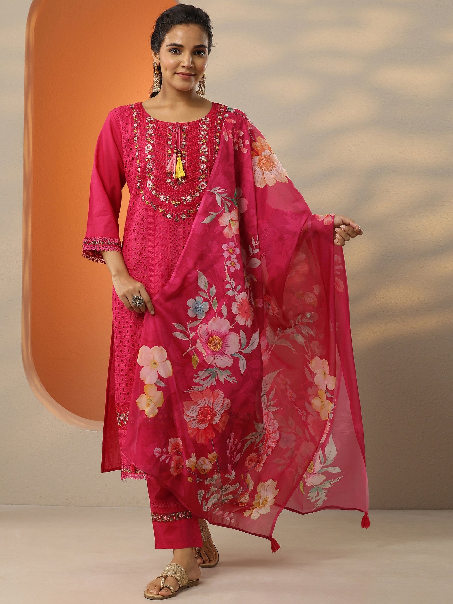 Magenta Embroidered Cotton Straight Suit Set With Dupatta