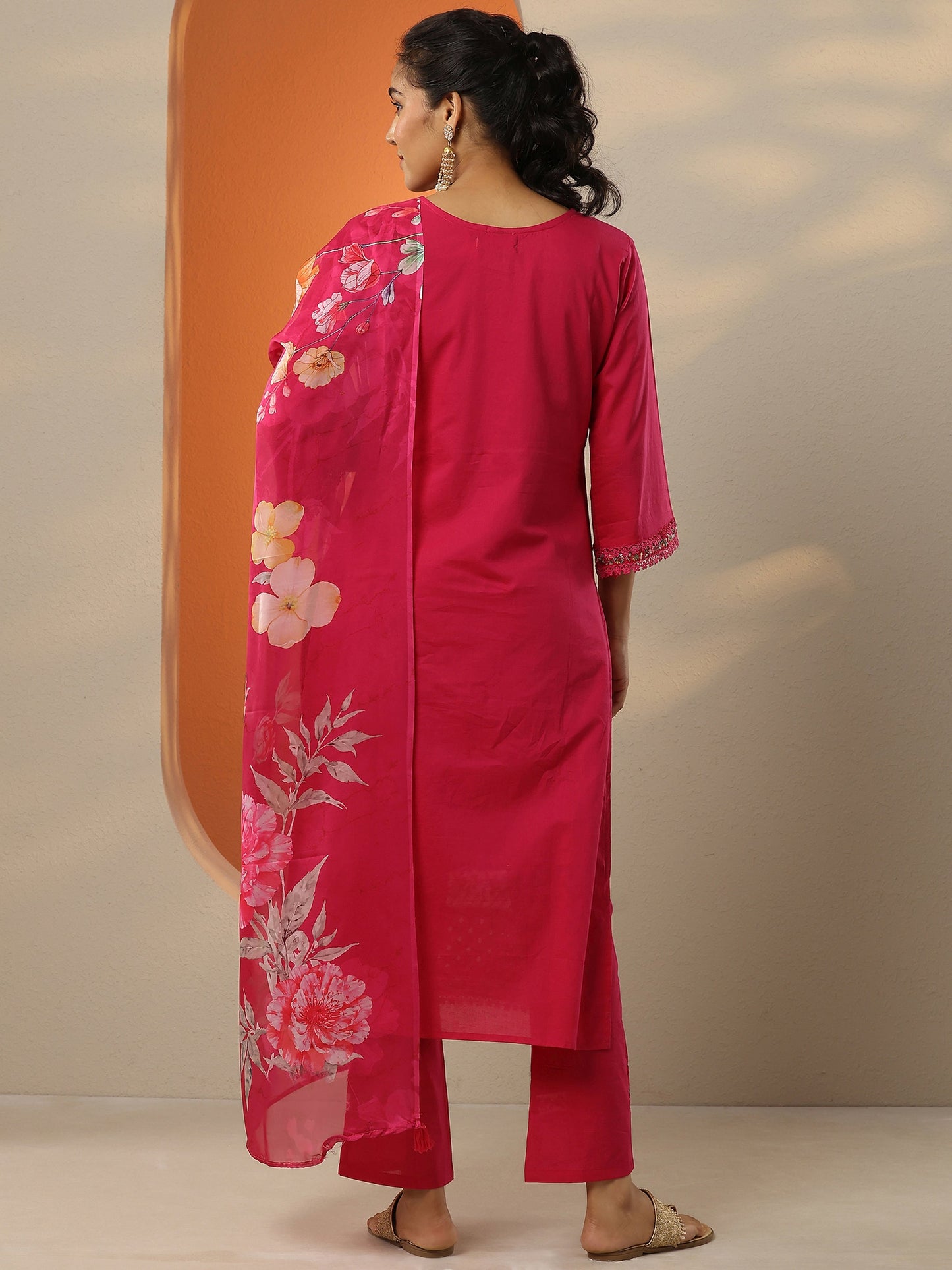 Magenta Embroidered Cotton Straight Suit Set With Dupatta