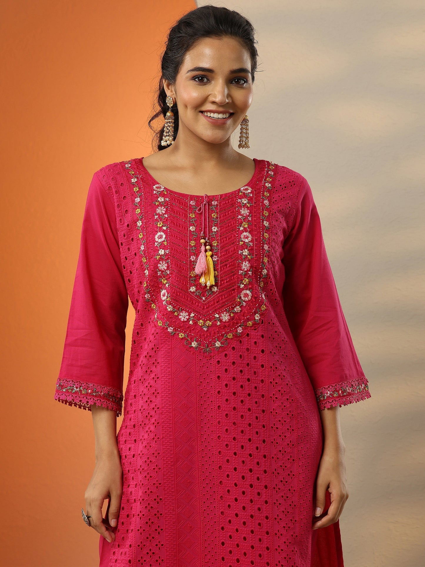 Magenta Embroidered Cotton Straight Suit Set With Dupatta