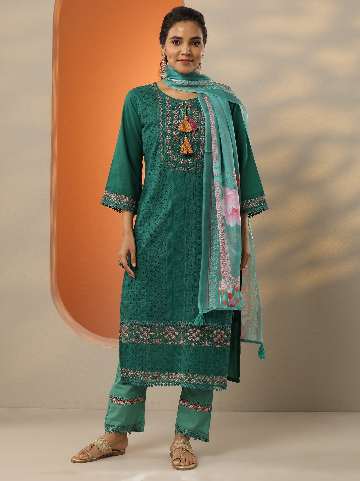 Green Embroidered Cotton Straight Suit Set With Dupatta