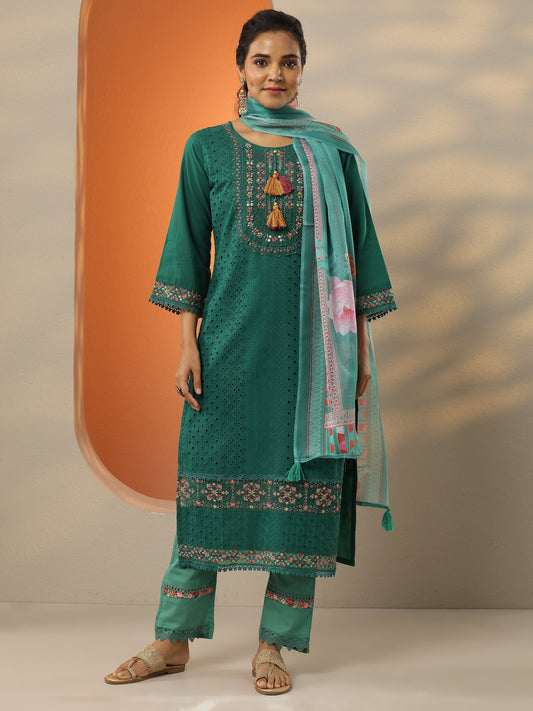 Green Embroidered Cotton Straight Suit Set With Dupatta