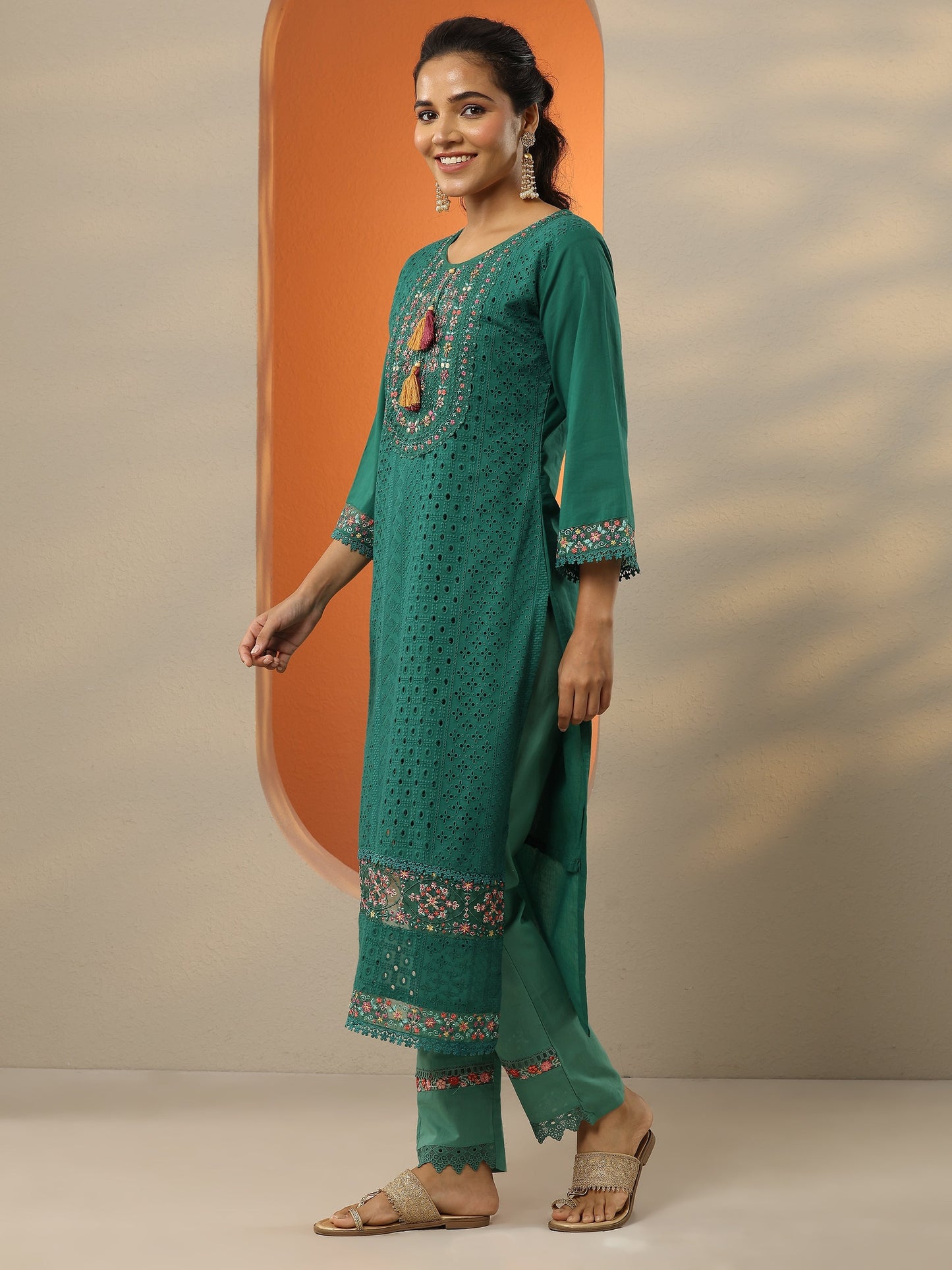 Green Embroidered Cotton Straight Suit Set With Dupatta