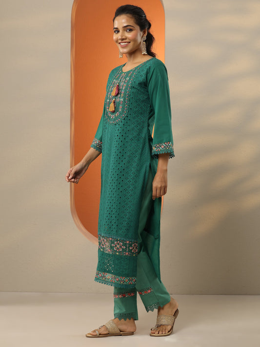 Green Embroidered Cotton Straight Suit Set With Dupatta