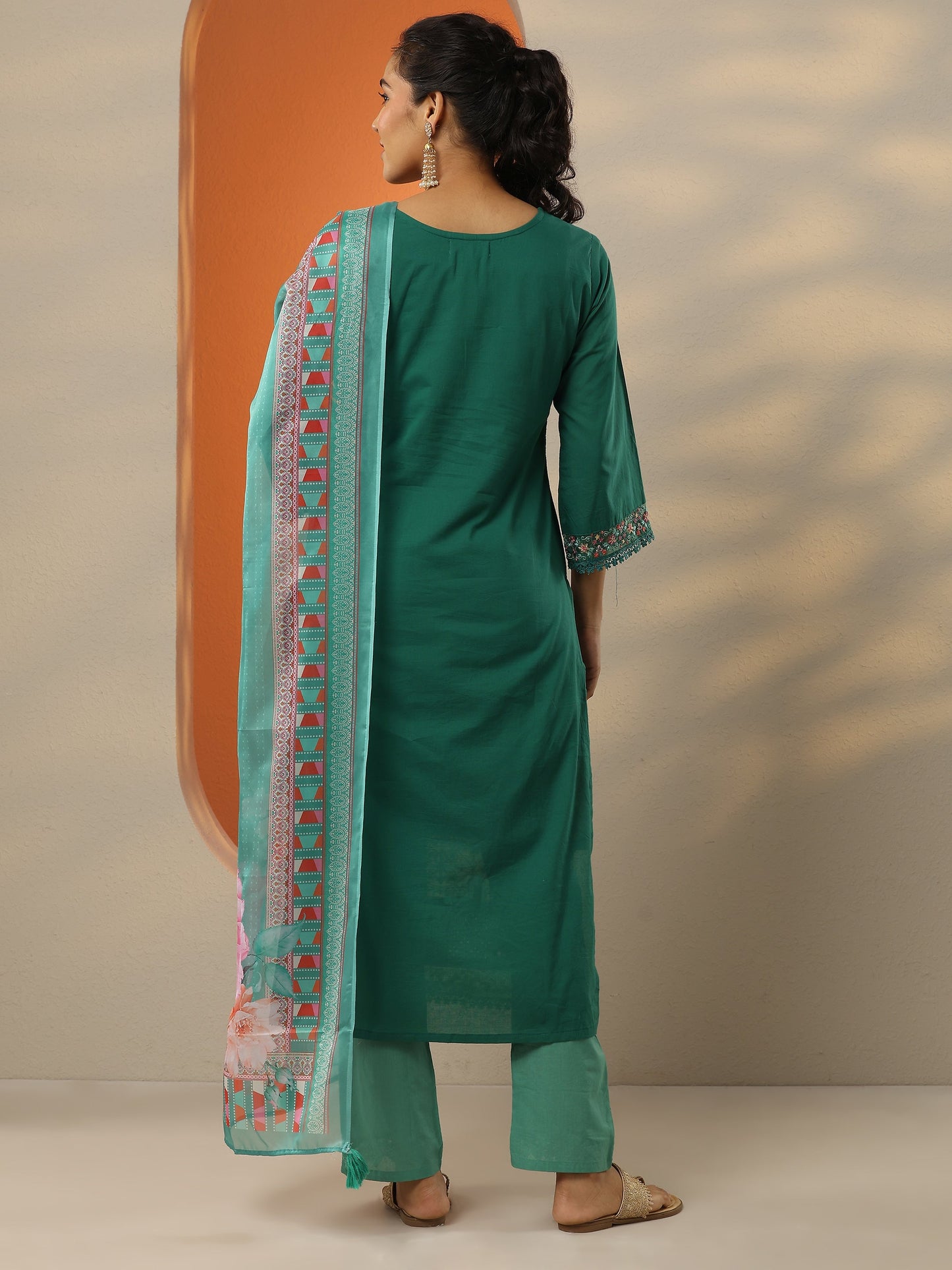 Green Embroidered Cotton Straight Suit Set With Dupatta