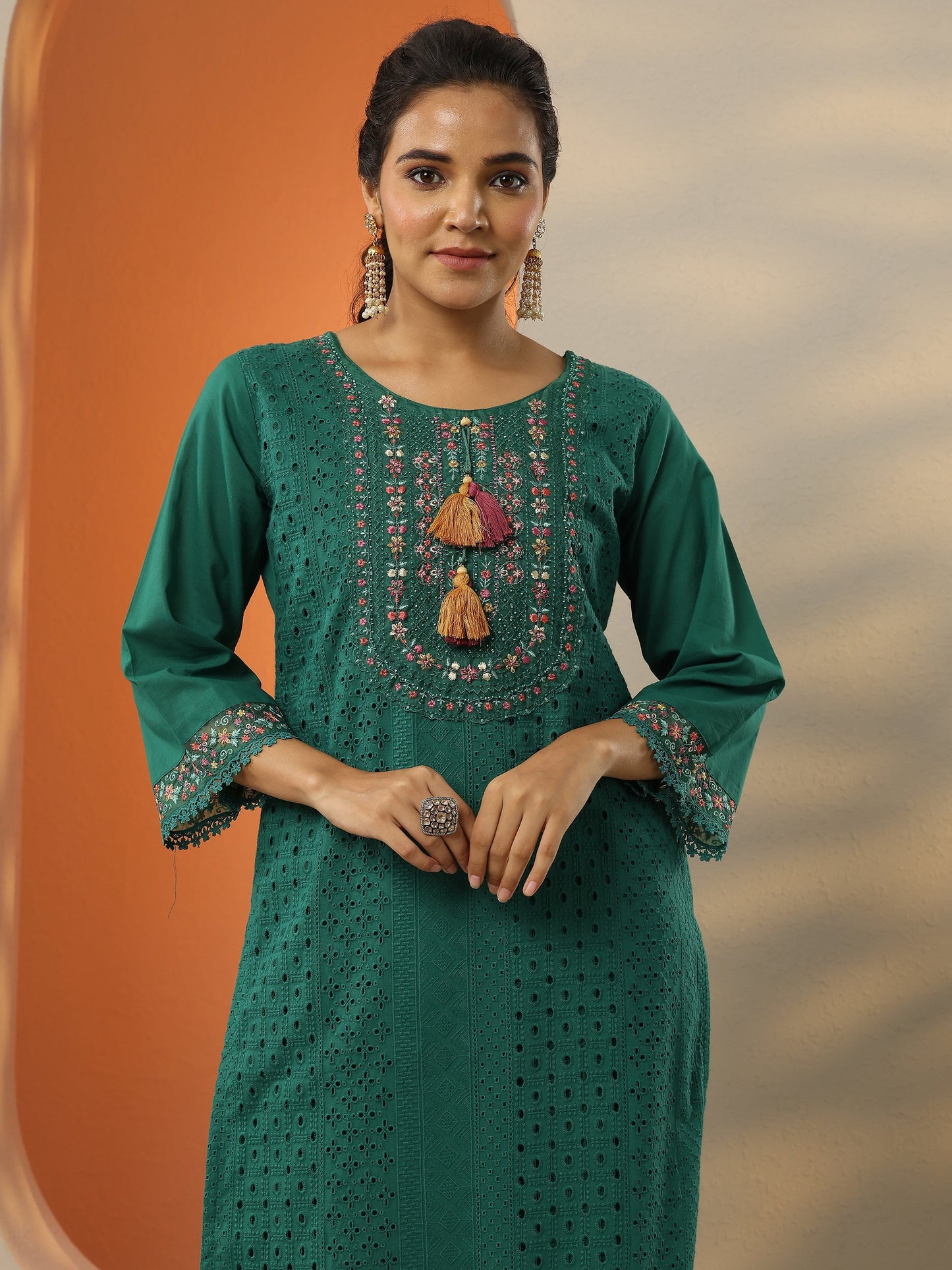 Green Embroidered Cotton Straight Suit Set With Dupatta