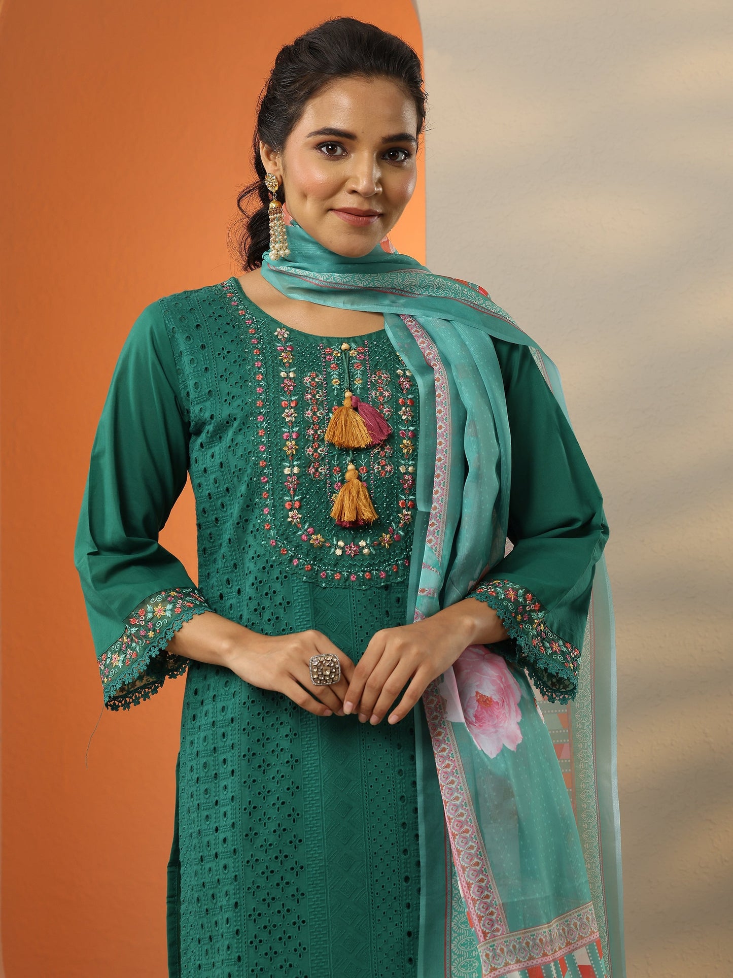 Green Embroidered Cotton Straight Suit Set With Dupatta