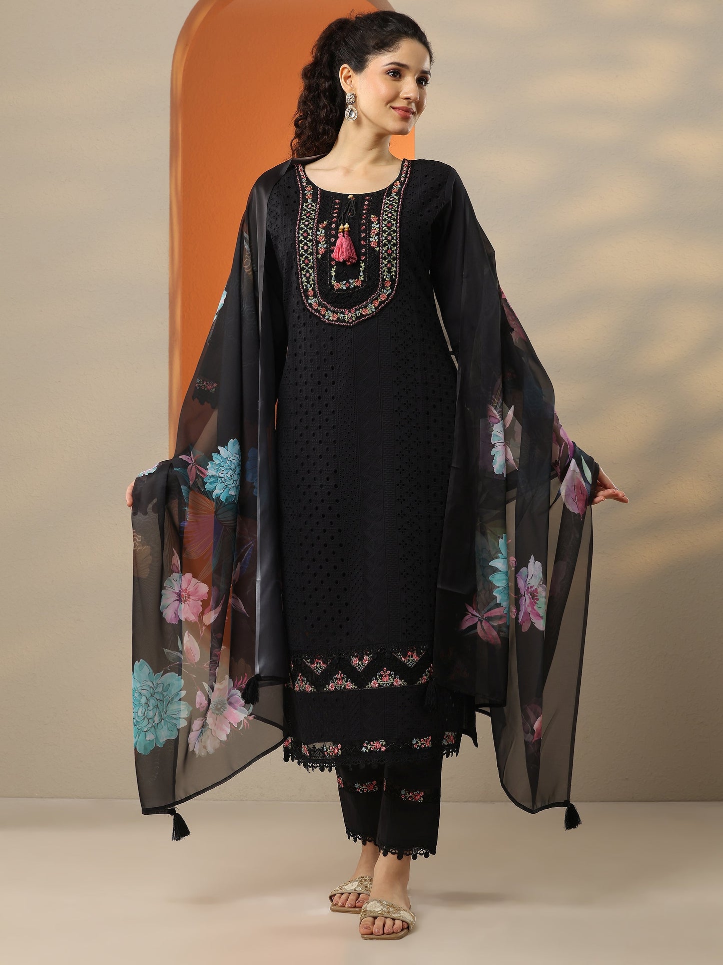 Black Embroidered Cotton Straight Suit Set With Dupatta