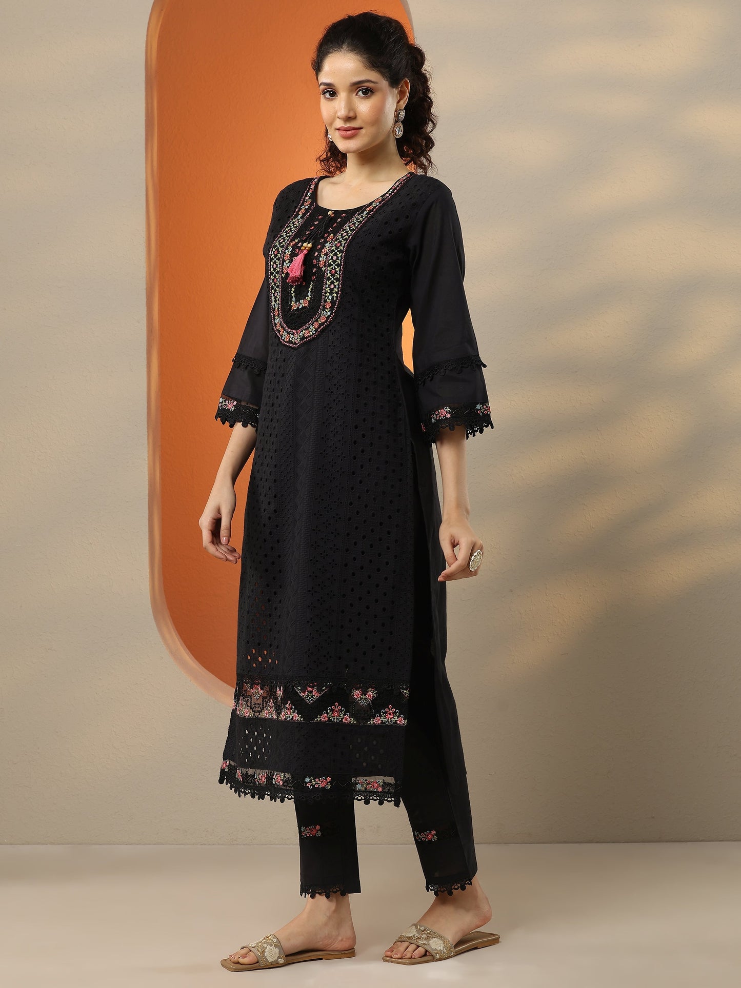 Black Embroidered Cotton Straight Suit Set With Dupatta