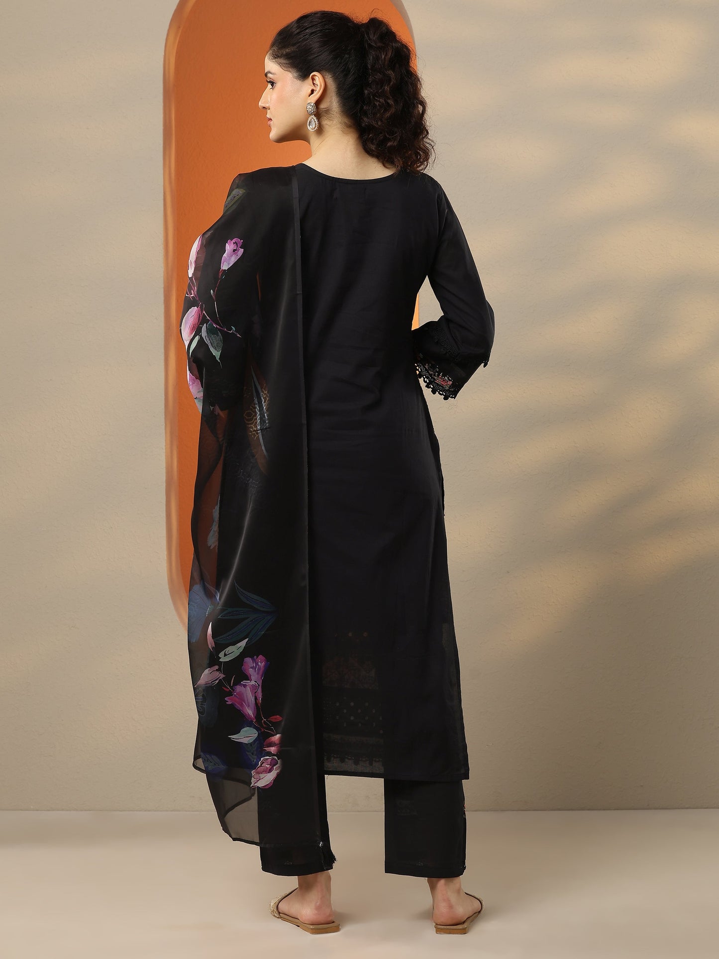 Black Embroidered Cotton Straight Suit Set With Dupatta