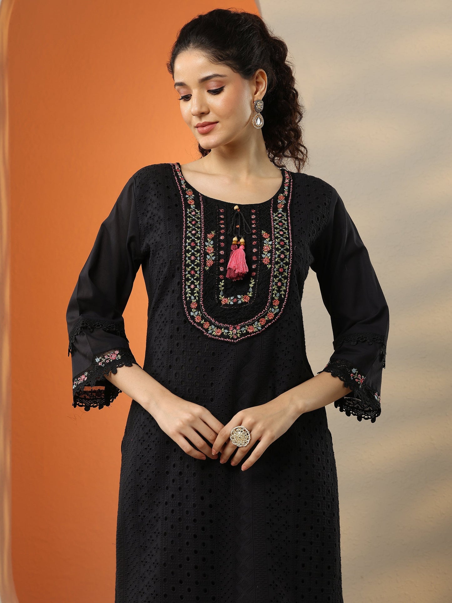 Black Embroidered Cotton Straight Suit Set With Dupatta
