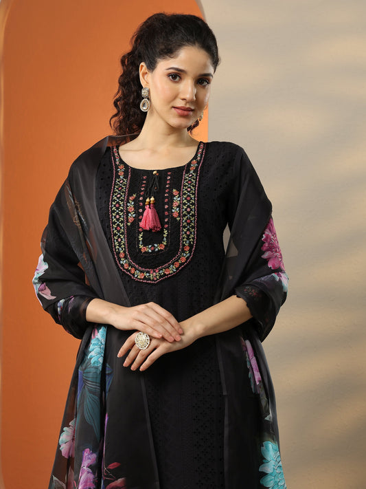 Black Embroidered Cotton Straight Suit Set With Dupatta