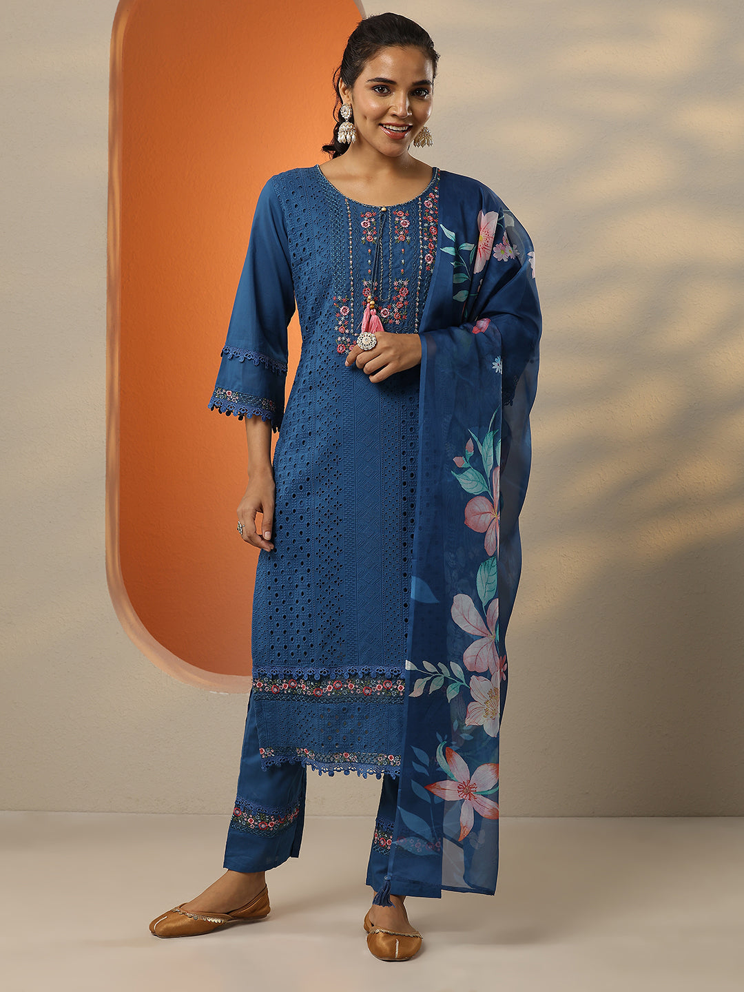 Blue Embroidered Cotton Straight Suit Set With Dupatta