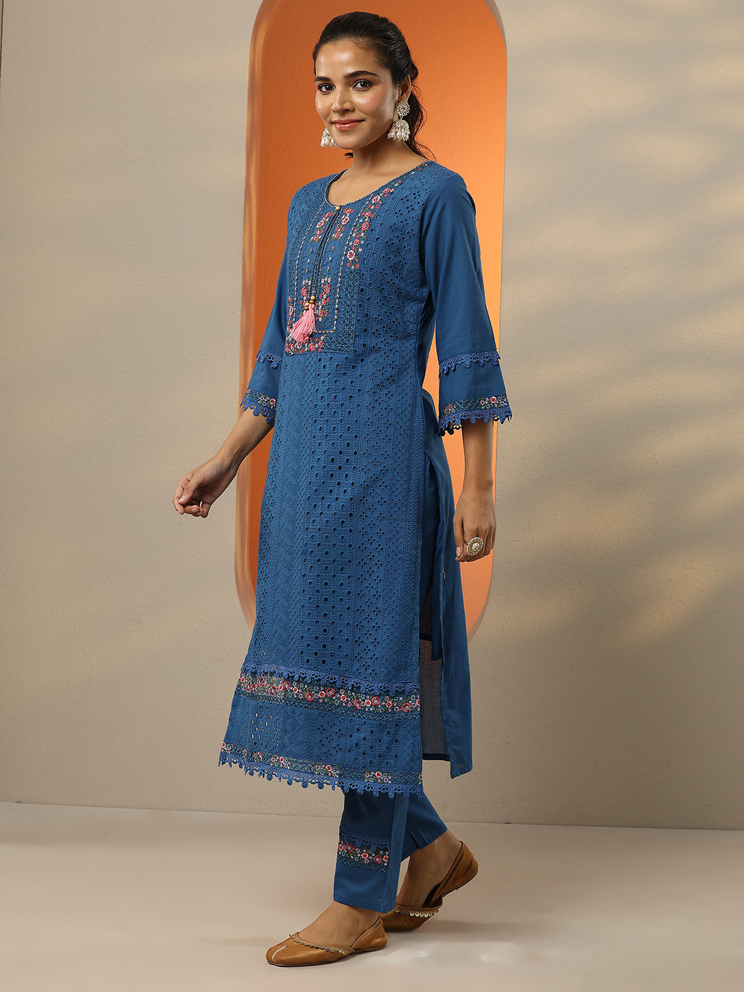 Blue Embroidered Cotton Straight Suit Set With Dupatta