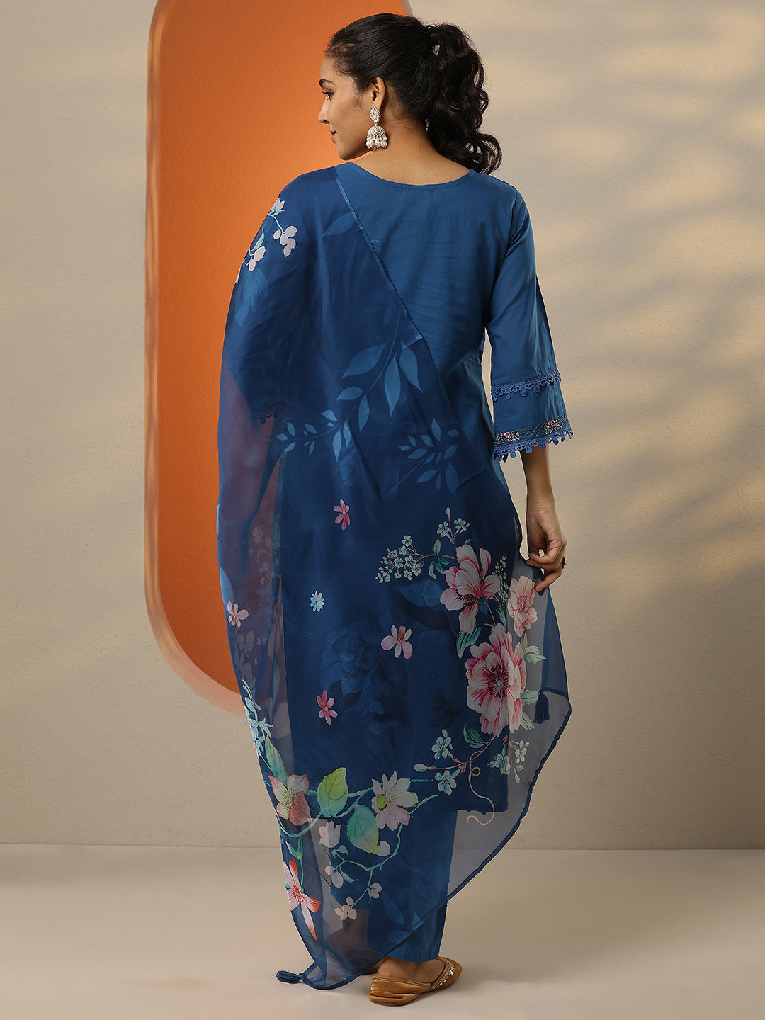 Blue Embroidered Cotton Straight Suit Set With Dupatta
