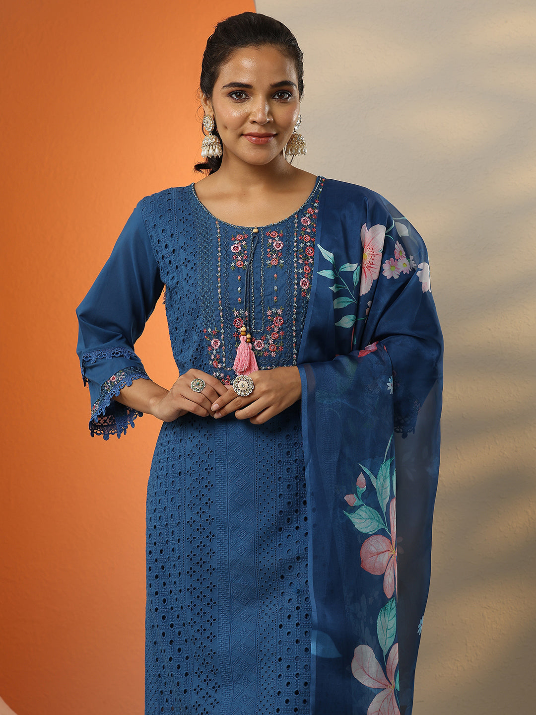 Blue Embroidered Cotton Straight Suit Set With Dupatta
