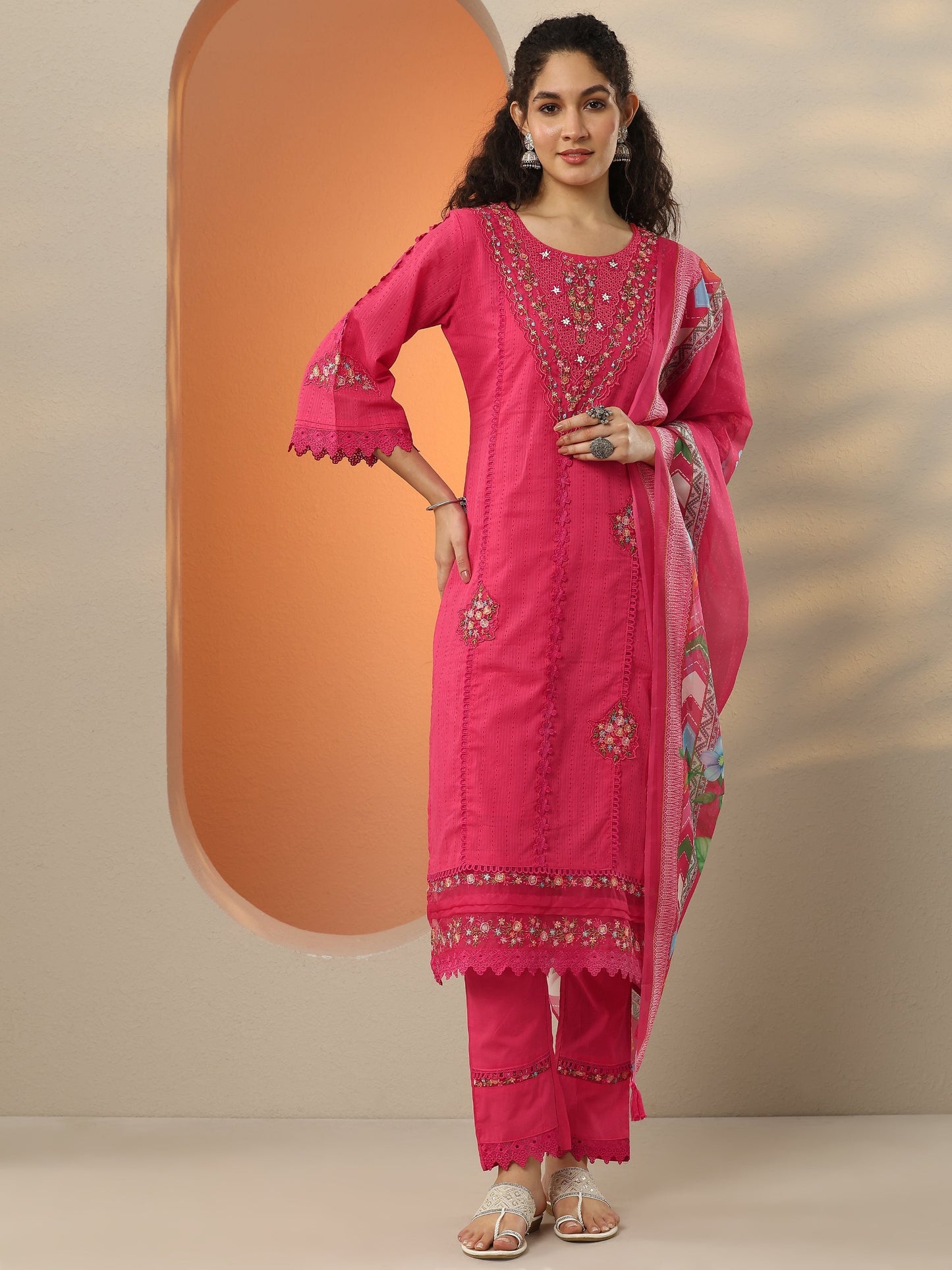 Pink Embroidered Cotton Blend  A-Line Suit Set With Dupatta