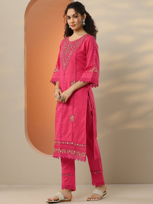 Pink Embroidered Cotton Blend  A-Line Suit Set With Dupatta