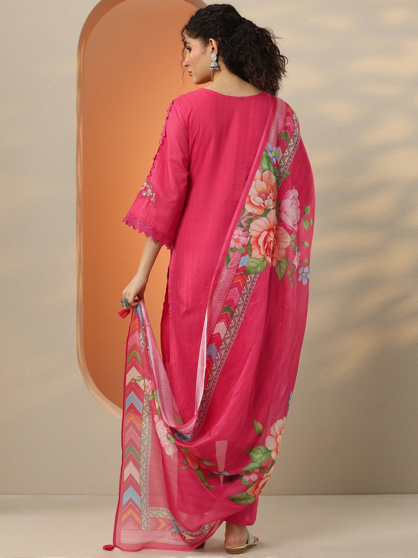 Pink Embroidered Cotton Blend  A-Line Suit Set With Dupatta