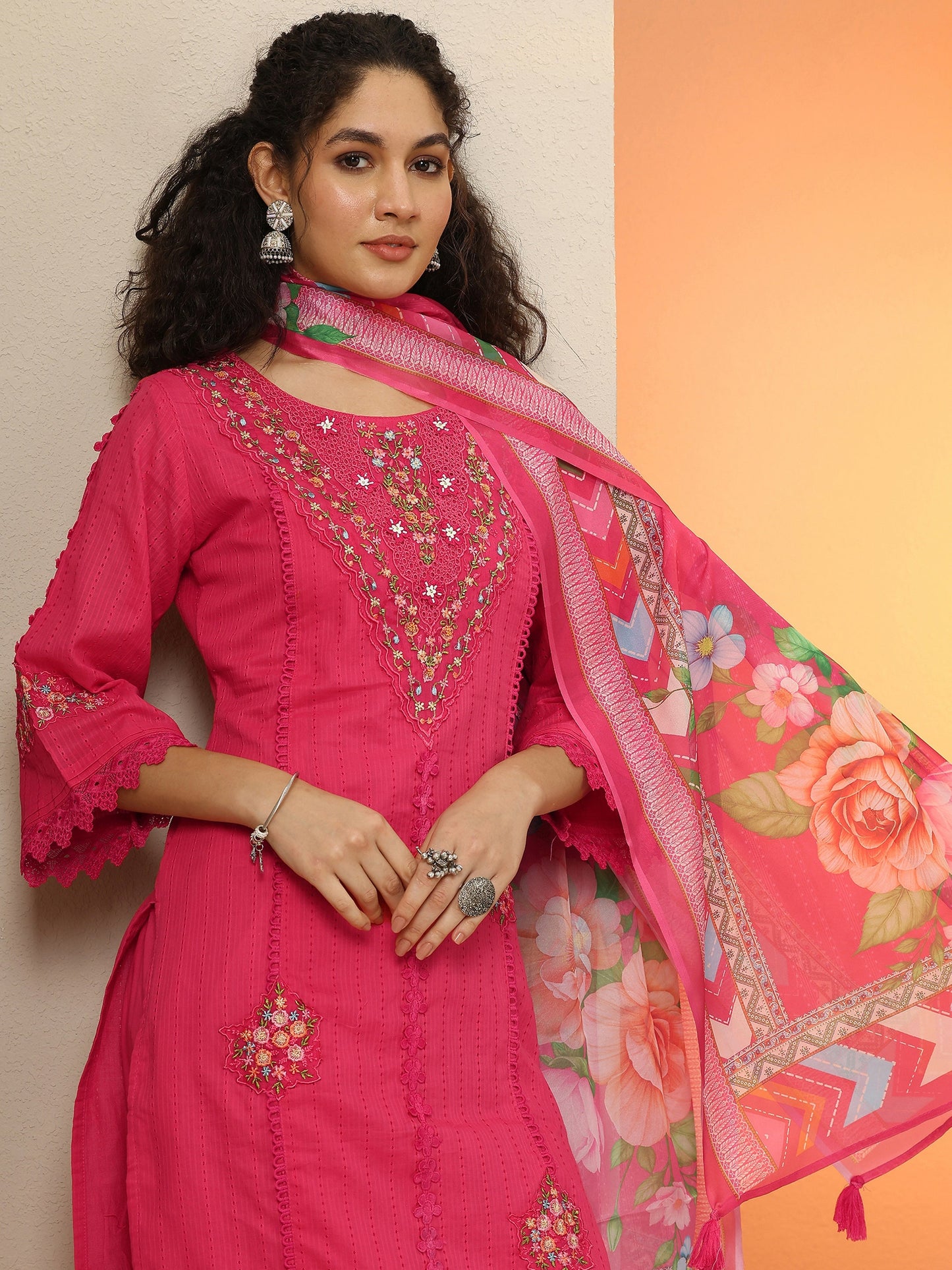 Pink Embroidered Cotton Blend  A-Line Suit Set With Dupatta
