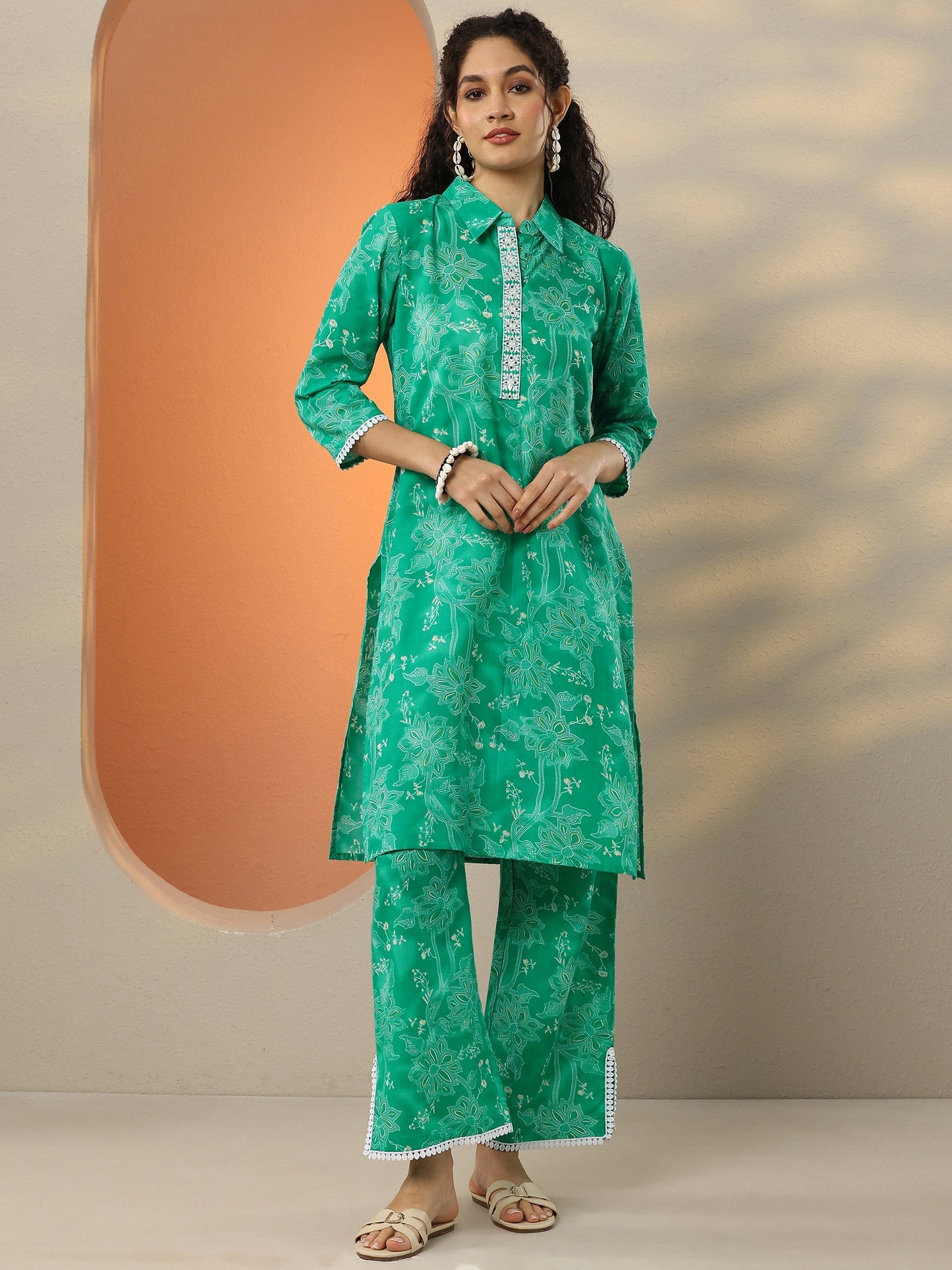 Green Printed Cotton Blend Co-Ord Sets