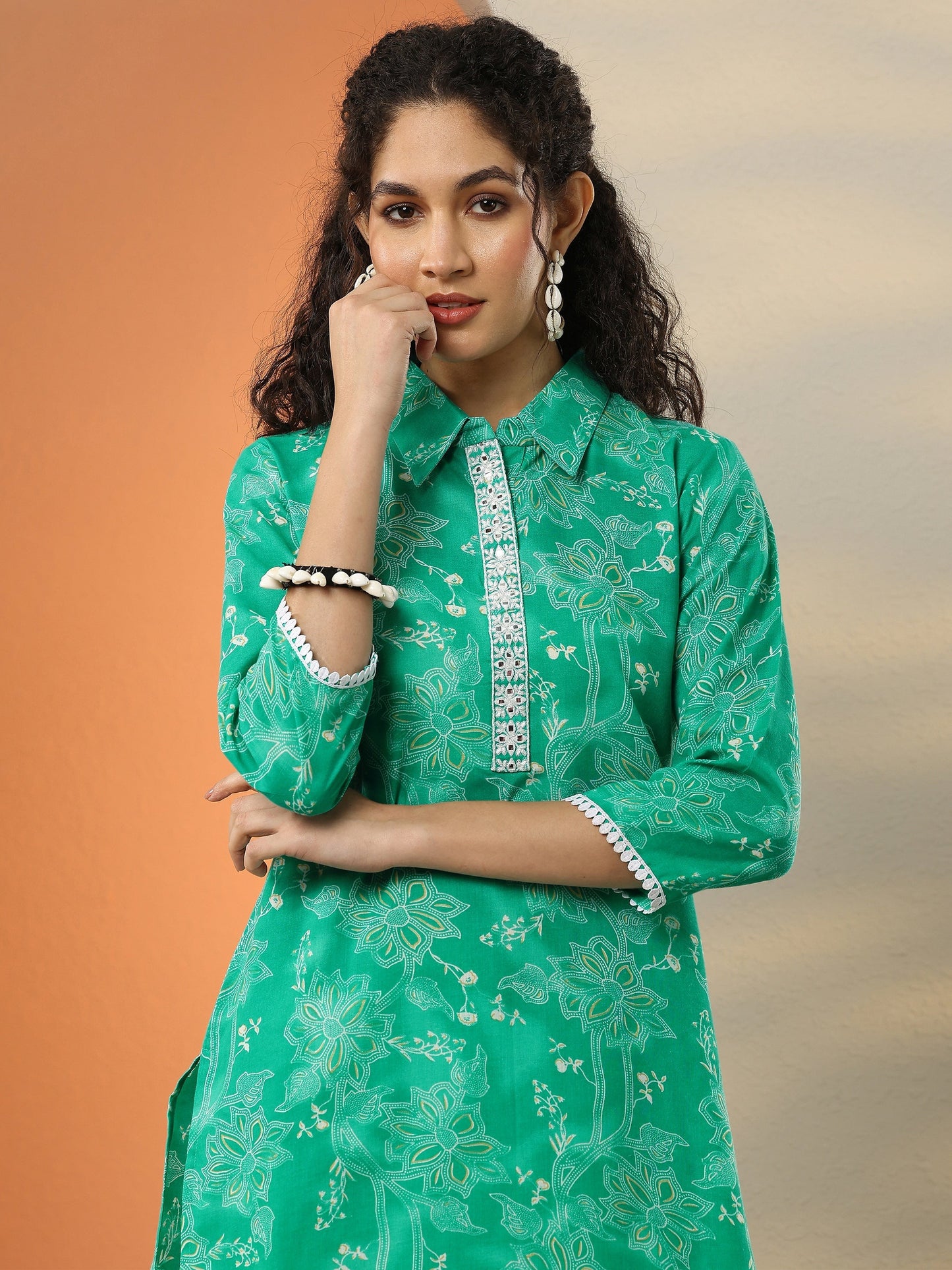 Green Printed Cotton Blend Co-Ord Sets