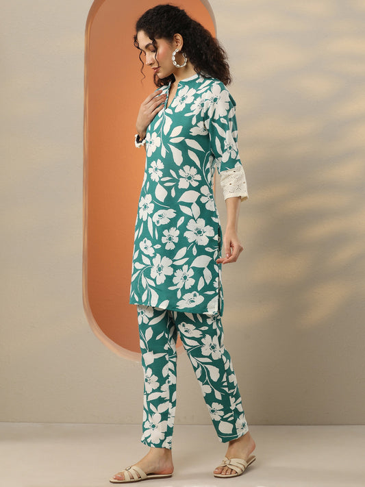 Green Printed Cotton Blend Co-Ord Sets