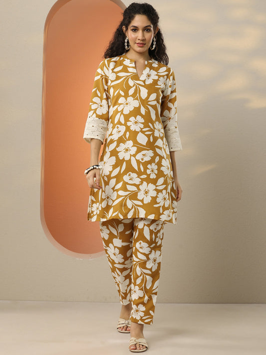 Mustard Printed Cotton Blend Co-Ord Sets