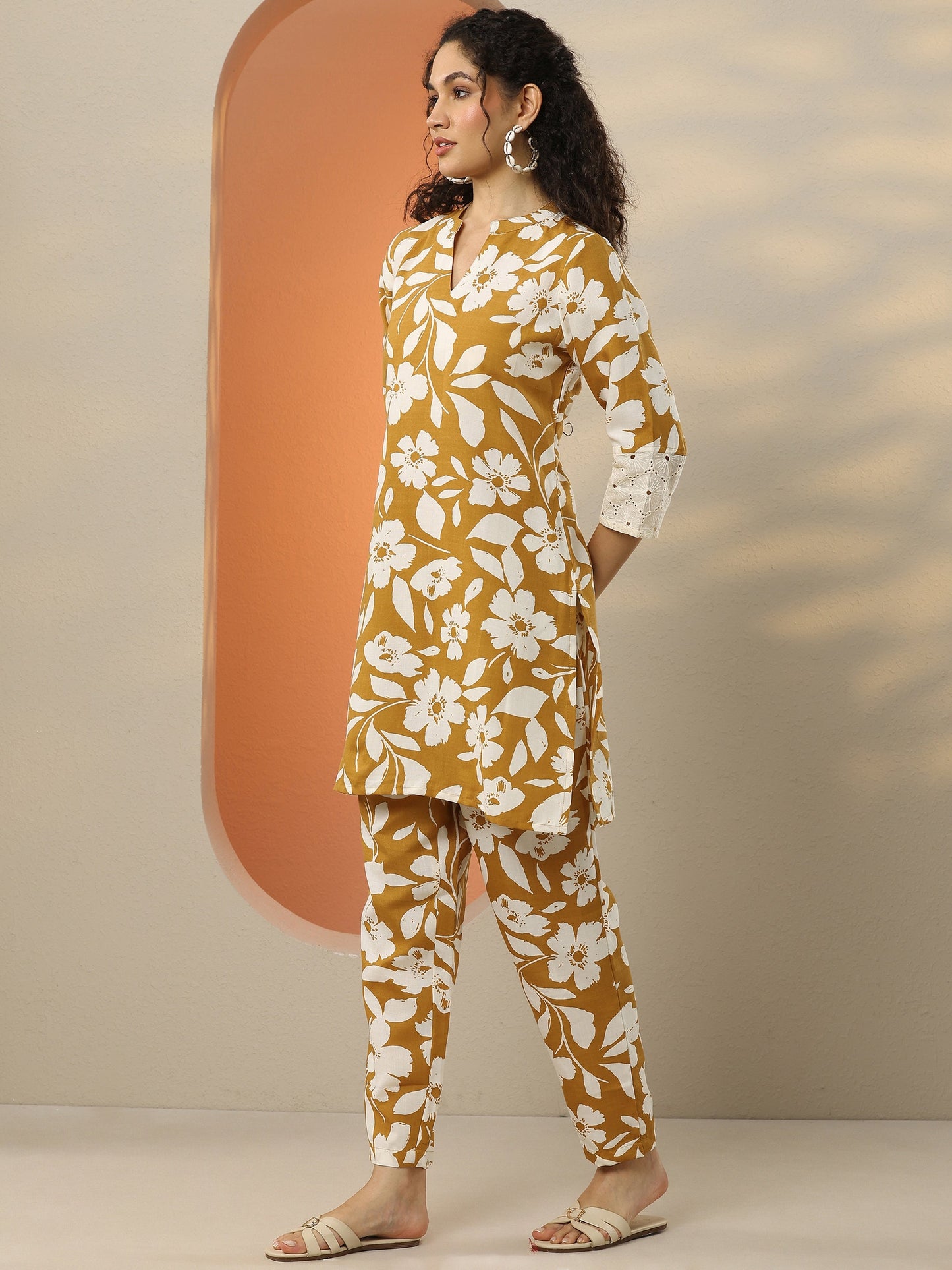 Mustard Printed Cotton Blend Co-Ord Sets