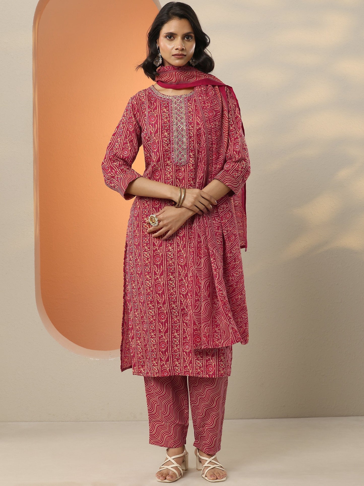 Pink Printed Cotton Blend  Straight Suit Set With Dupatta