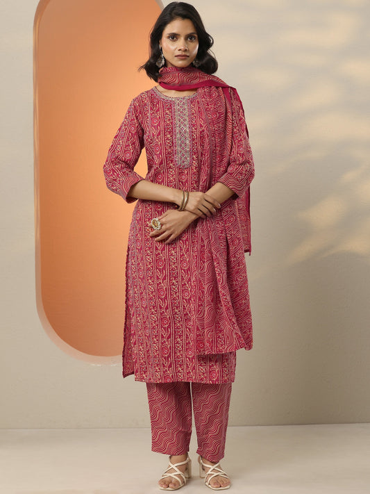 Pink Printed Cotton Blend  Straight Suit Set With Dupatta
