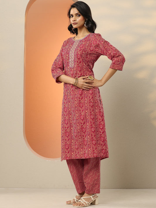 Pink Printed Cotton Blend  Straight Suit Set With Dupatta