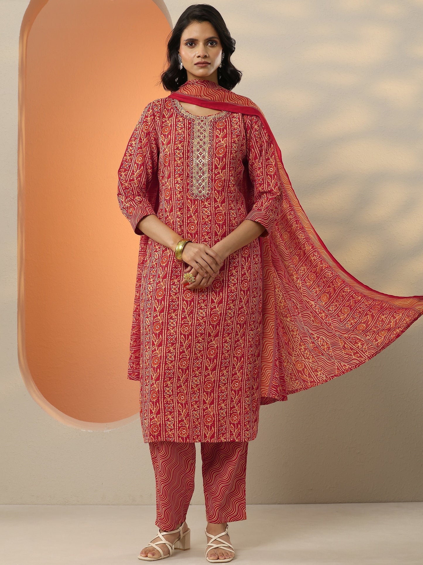 Red Printed Cotton Blend  Straight Suit Set With Dupatta