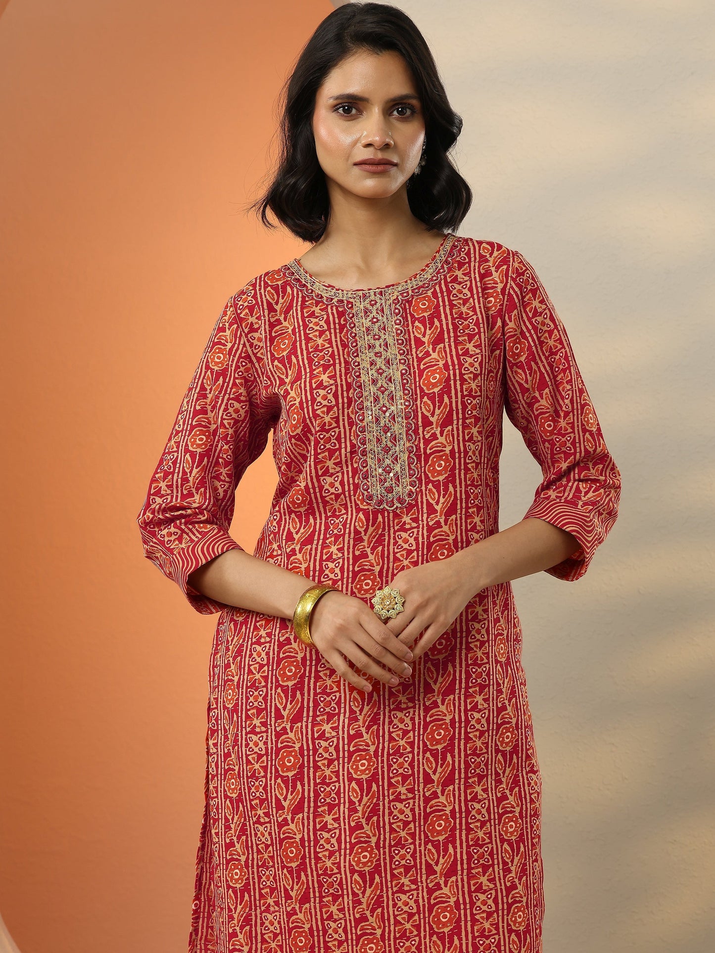 Red Printed Cotton Blend  Straight Suit Set With Dupatta