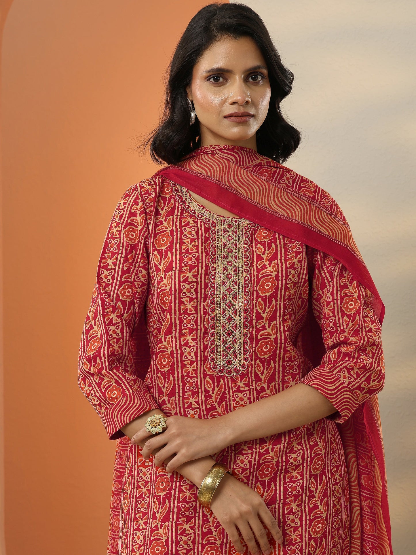 Red Printed Cotton Blend  Straight Suit Set With Dupatta