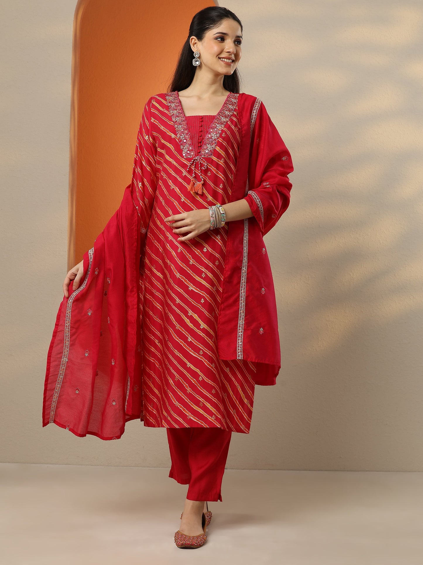Pink Printed Silk blend Straight Suit Set With Dupatta