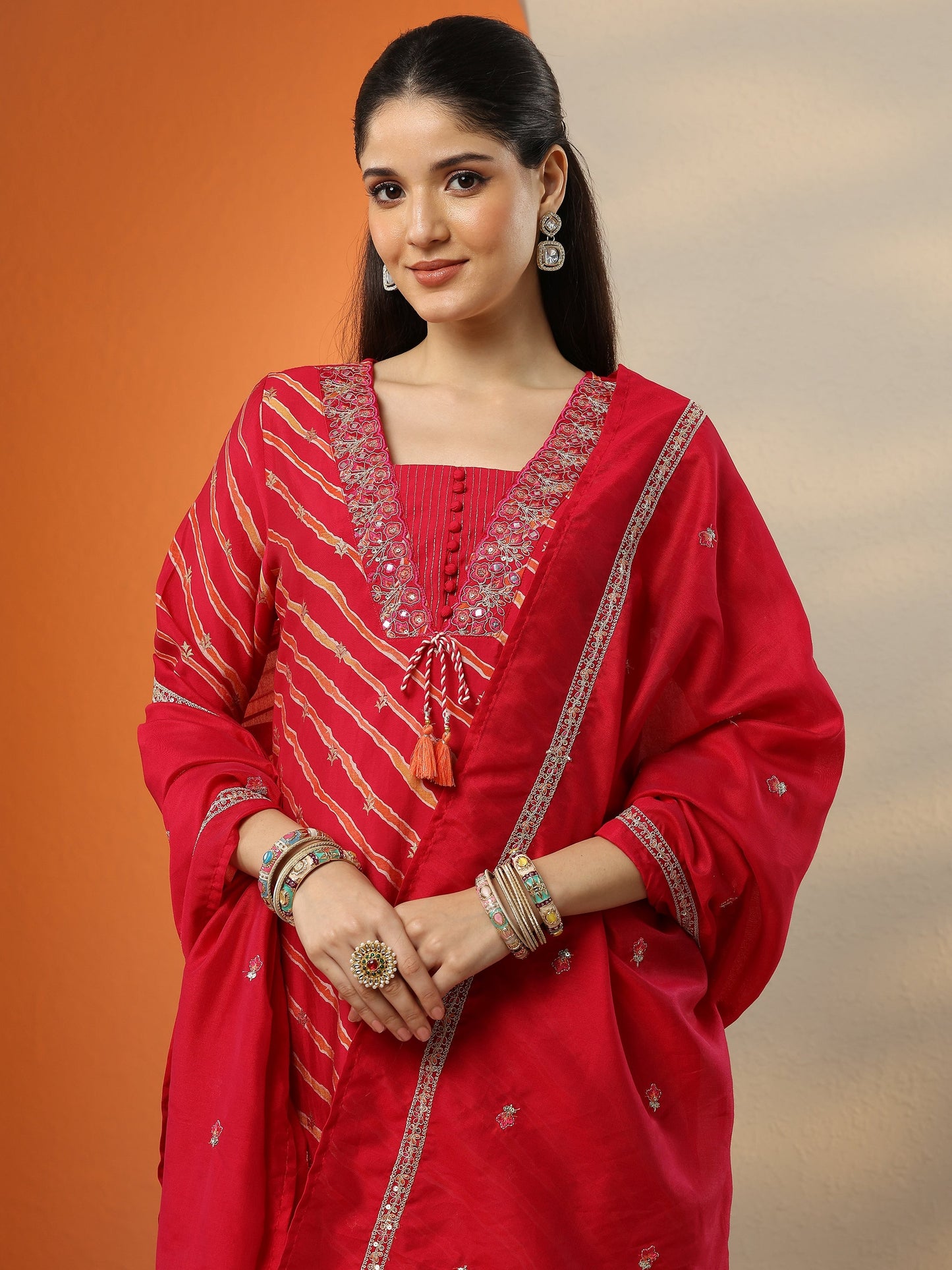 Pink Printed Silk blend Straight Suit Set With Dupatta