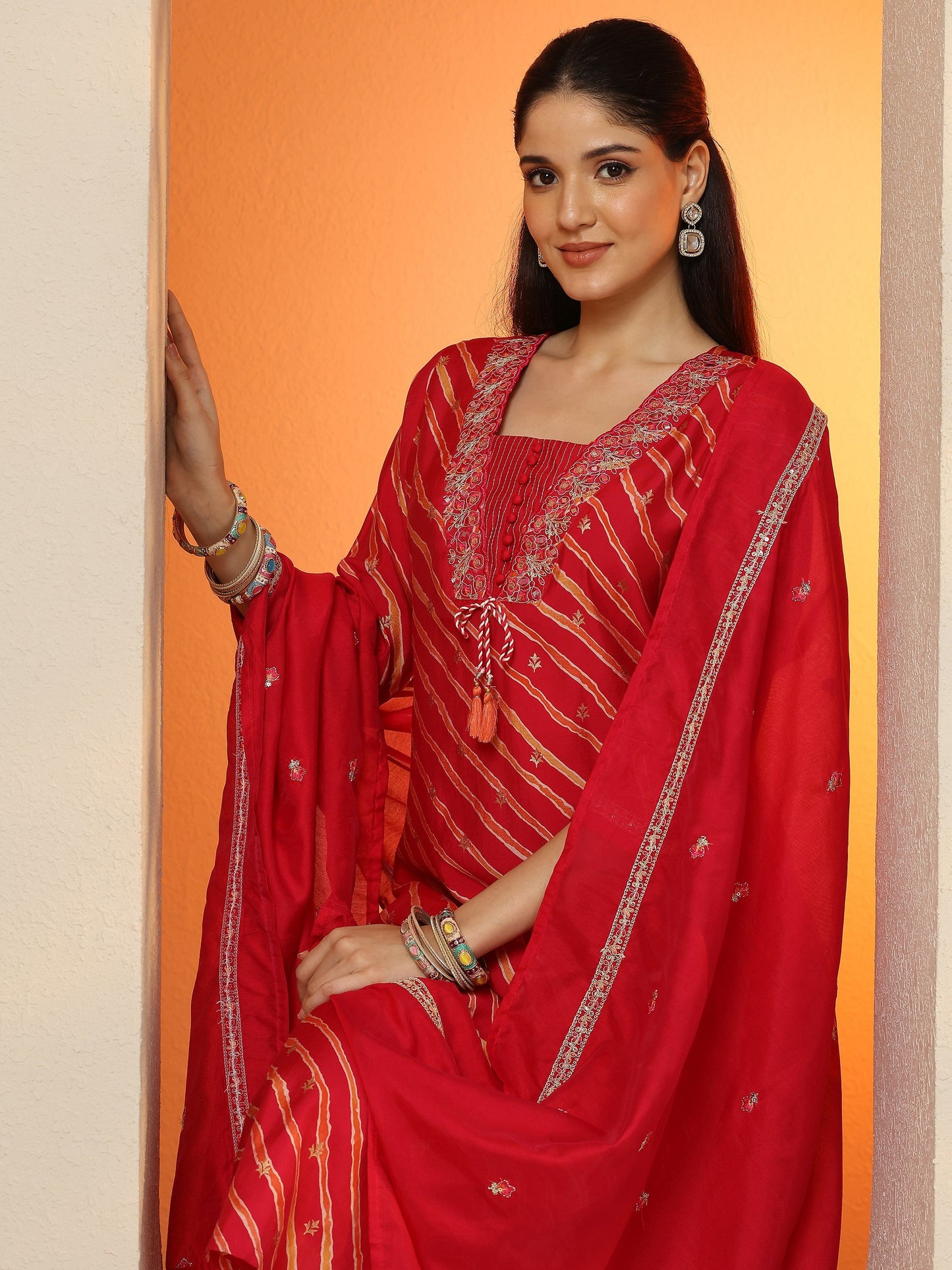 Pink Printed Silk blend Straight Suit Set With Dupatta