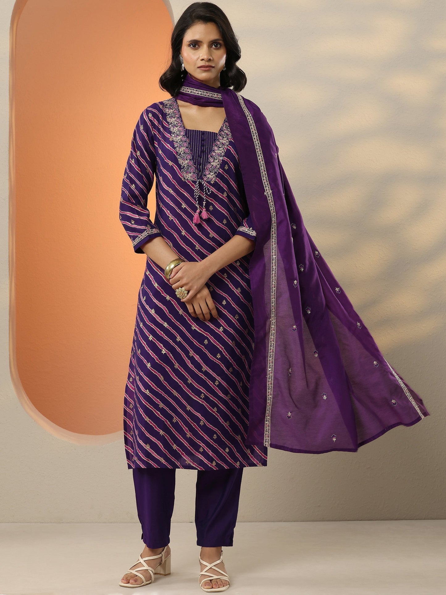 Purple Printed Silk Blend  Straight Suit Set With Dupatta