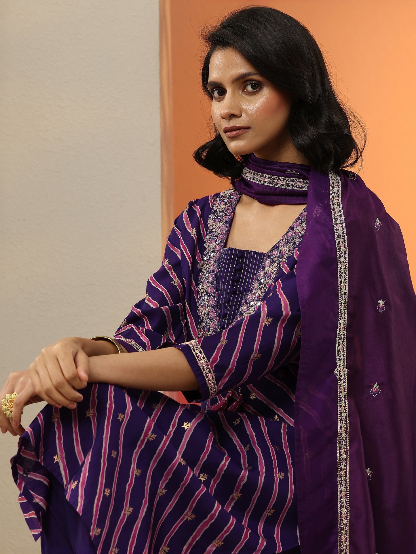 Purple Printed Silk Blend  Straight Suit Set With Dupatta