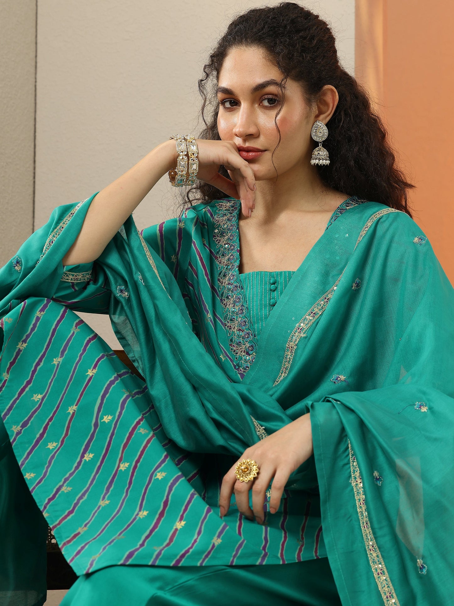 Green Printed Silk Blend  Straight Suit Set With Dupatta